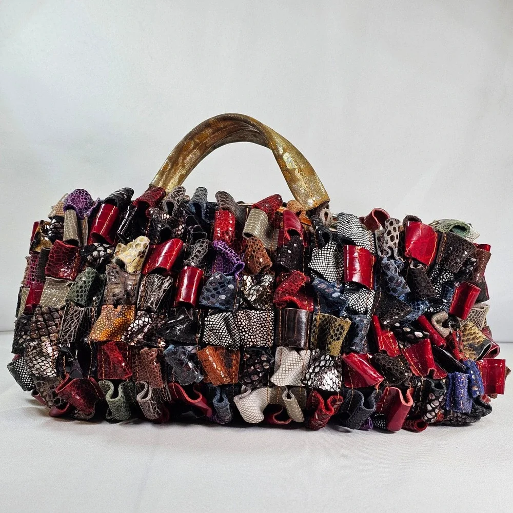 Arianna Dini Clara Handmade‎ Patchwork Leather Satchel Bag Textured Loops Boho